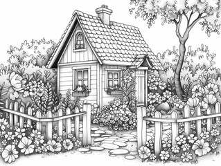 Charming black and white illustration of a cottage garden in full bloom