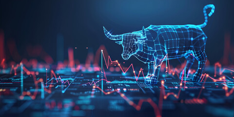 Fototapeta na wymiar Creative bull forex market backdrop. Trade, forex, finance and growth concept. 3D Rendering Financial investment and stock market growth concept with digital green bull symbol on dark background.