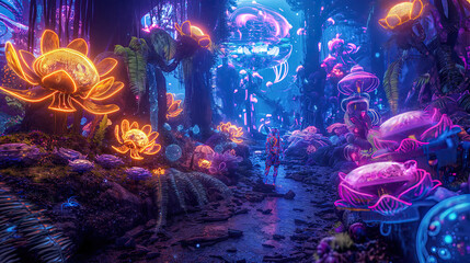 A neon-lit jungle with glowing, oversized flowers and a path leading to a futuristic city, with explorers in holographic gear marveling at the scene