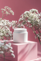 Fototapeta na wymiar White Cream Jar Mockup, Beauty Mockup for advertising, cream jar arrange in front of flowers, Skincare