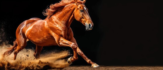  A brown horse galloping through a dirt field with its front legs lifted