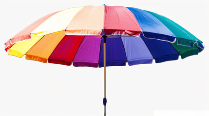 Vibrant multi-colored beach umbrella isolated on white background for summer vacation