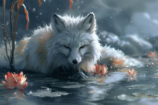 A painting depicting a white fox swimming gracefully in a pond, travel concept.