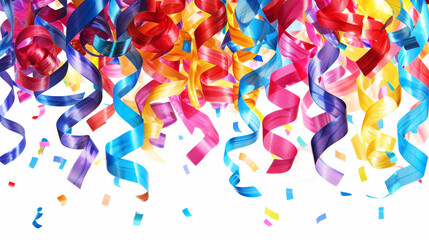 Colorful party streamers and confetti on a bright background for festive celebrations