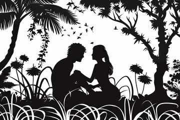 silhouette of the Garden of Eden, Adam and Eve - obrazy, fototapety, plakaty