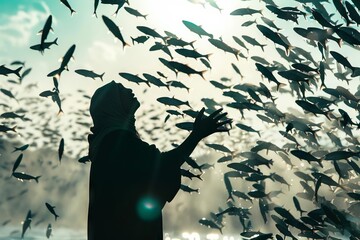 silhouette of the miraculous catch of fish, biblical story of provision - obrazy, fototapety, plakaty