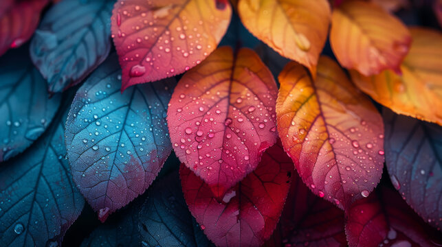 Close-up of red and blue leaves with water droplets highlighting the delicate textures and patterns in nature