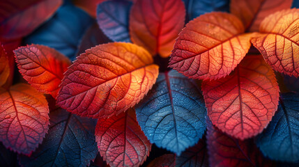 A vivid blue and red interplay across leaves with droplets in arresting detail