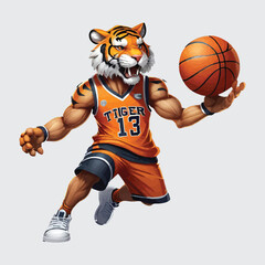 mascot tiger playing basketball, vector isolated clipart