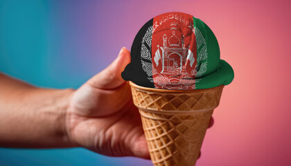 On a colorful background, a hand with ice cream in the form of the flag of Afghanistan