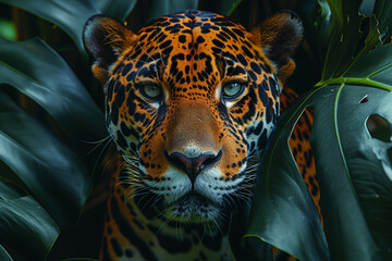 Jaguars face emerging from dark green leaves, travel concept.