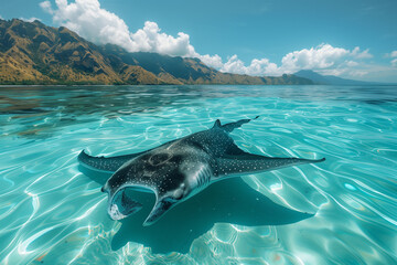 A manta ray swims in the ocean with mountains in the background, travel concept. - obrazy, fototapety, plakaty