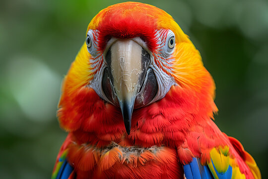 A bright Scarlet Macaw gazes at the camera, travel concept.