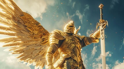 Golden knight with angelic wings sword raised towards the heavens - obrazy, fototapety, plakaty