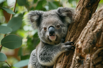 A koala is perched in a tree, displaying a grin, travel concept.