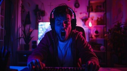 Gaming streamer reacting to a horror game - obrazy, fototapety, plakaty