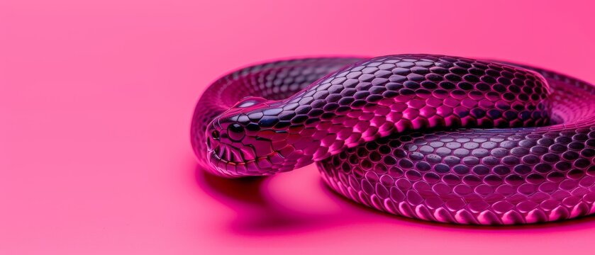  A high-resolution image of a vivid purple snake, elegantly posed against a soft pink backdrop, illuminated by a subtle light reflection that accentuates its shimmering