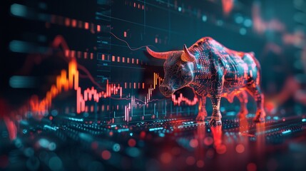 Bull market symbol next to rising graph, vibrant tones, side angle