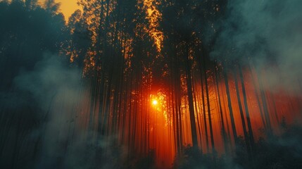 Asian forest, engulfed in wildfire, smoke clouds blend with sunset, lowangle shot, cinematic