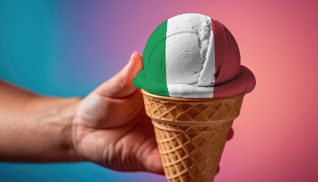 On a colorful background, a hand with ice cream in the form of the flag of Italy