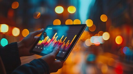 Holding tablet, graph pointing upwards, golden hour light, macro shot, vibrant colors