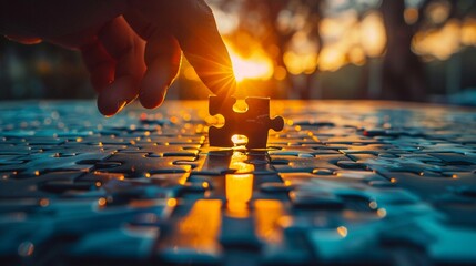 Hand of a businessman fitting the last piece of a puzzle, sunset glow, victory in strategy - obrazy, fototapety, plakaty