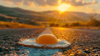 Hot road surface, egg cooking, sun flare, wide lens, saturated summer colors, top view - obrazy, fototapety, plakaty