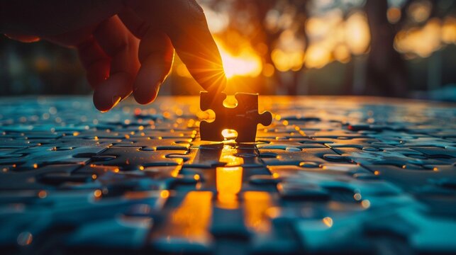 Hand of a businessman fitting the last piece of a puzzle, sunset glow, victory in strategy