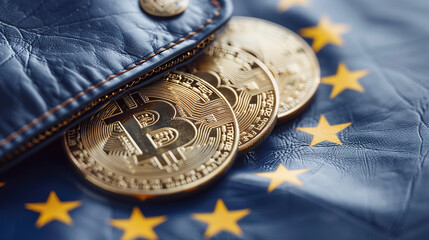euro bitcoin and euro banknotes, europe flag - obrazy, fototapety, plakaty