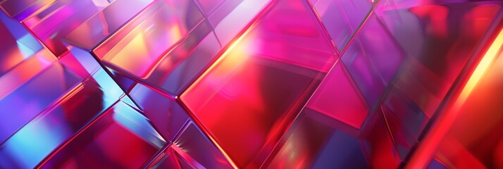 Abstract render of colorful glass geometric shapes with reflective surfaces. Vibrant and reflective glass contrast against geometric shapes, creating an abstract and futuristic atmosphere. 