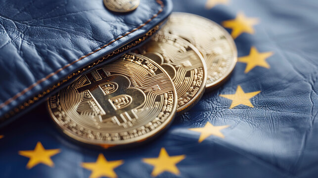 euro bitcoin and euro banknotes, europe flag
