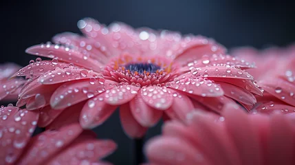 Selbstklebende Fototapeten A soft focus shot of a pink gerbera flower covered in dew drops, showing depth of field and delicate beauty © Daniel