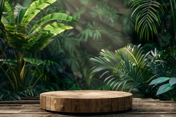 Wooden podium stage in tropical forest, natural green background, product presentation display, eco-friendly 3D digital illustration - obrazy, fototapety, plakaty