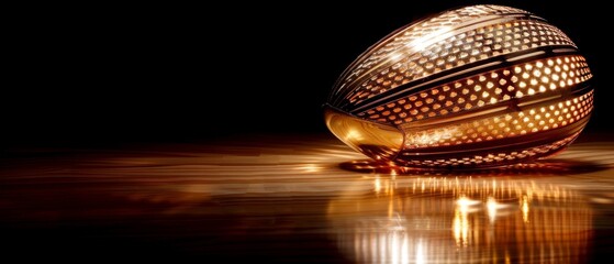  A beautifully illuminated egg resting atop a wooden table beside a vase adorned with intricate designs