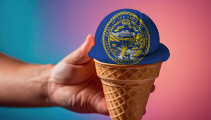 On a colorful background, a hand with ice cream in the form of the flag of Nebraska