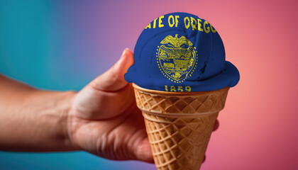 On a colorful background, a hand with ice cream in the form of the flag of Oregon