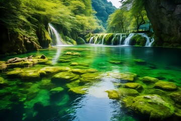 Crystal-clear water cascading down emerald slopes with vibrant greenery below