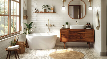 A Mid-Century Modern bathroom featuring geometric patterns, teak wood accents, and retro-inspired fixtures for a stylish vintage look