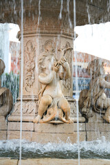 Neobaroque marble fountain in Plaza de Espana Square in Merida