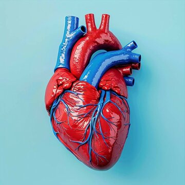 anatomical heart isolated on blue background. 3d human heart.