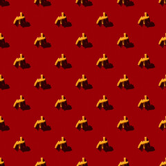 Raw pasta macaroni seamless pattern background. Vibrant and contrast red backgrorund. Hard light, contrast shadows, 80s or 90s retro style.