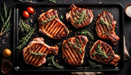 Roasted pork steaks, cutlets with bones and thyme on black baking sheet, top view.
 - obrazy, fototapety, plakaty