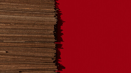 Raw Soba Noodles on vibrant red background. Noodles made from buckwheat flour. Retro style of 80s and 90s food photo, high contrast with hard shadows. Top view. - obrazy, fototapety, plakaty