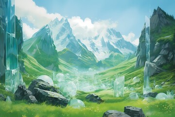 Crystal-clear torrents falling from the summit, reflecting the untouched beauty of verdant mountain slopes