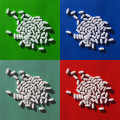 Medical Pills on vibrant cyan or aqua background. 80s and 90s retro style poster, hard light and...