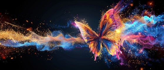  A vibrant butterfly soaring against a dark backdrop, its wings coated in dust - obrazy, fototapety, plakaty