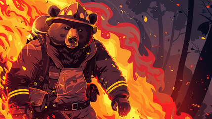 Bear firefighter battling blaze, heroic vector scene,
