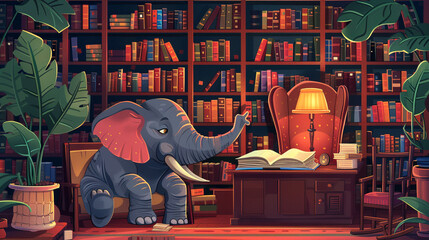Elephant librarian shelving books, cozy library vector,