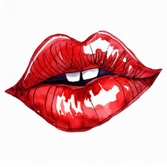 Illustration of beautiful red woman lips. Hand drawn art. Watercolor style.