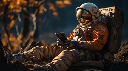 Astronaut sitting on the ground and using a mobile phone. - obrazy, fototapety, plakaty